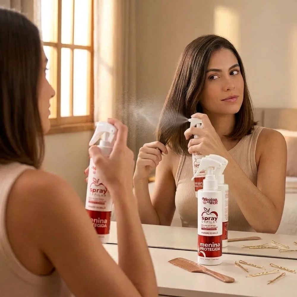Mulher aplicando Spray Acidificante Capilar com vinagre de maçã nos cabelos úmidos